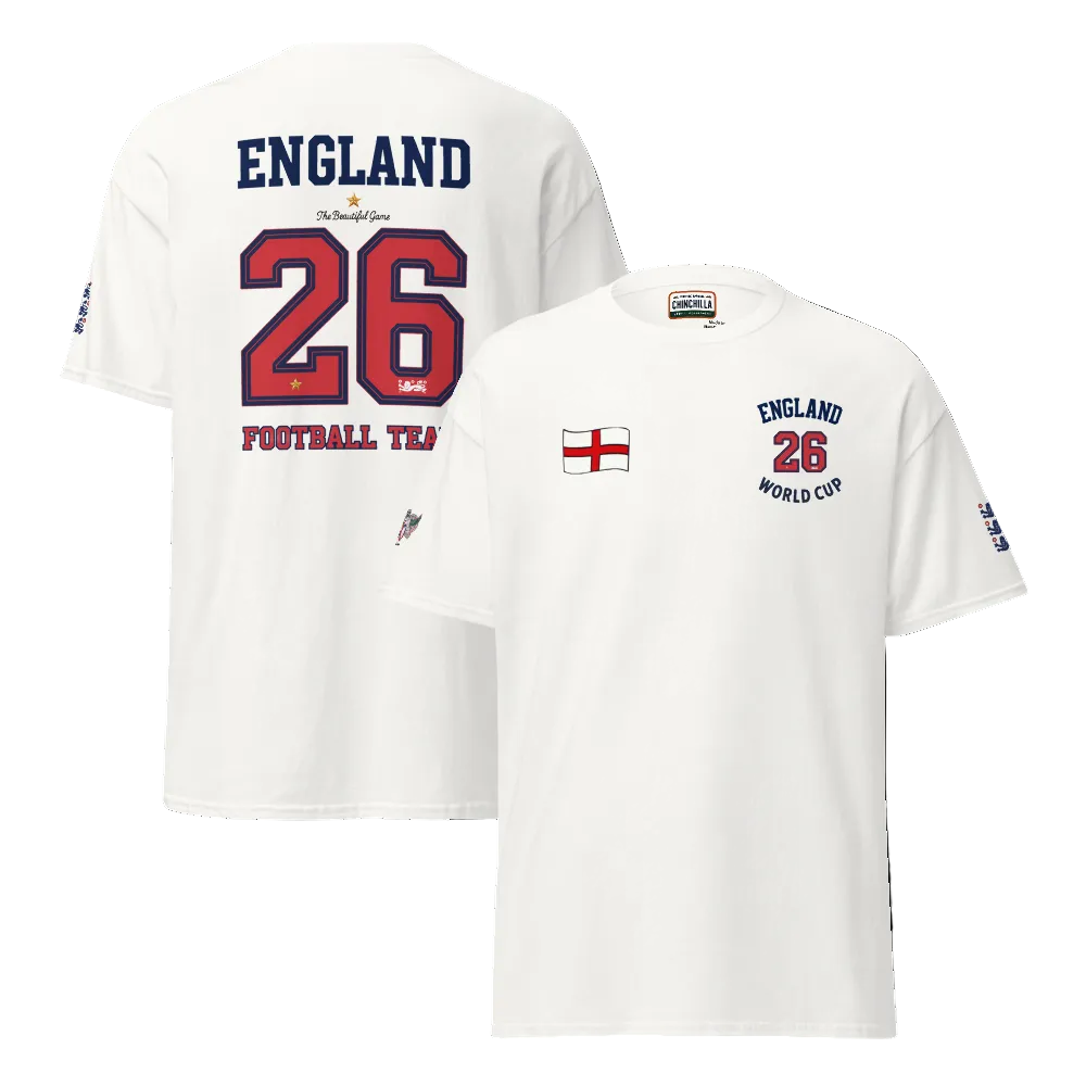 White t-shirt with 'England' and number '26' on a white background